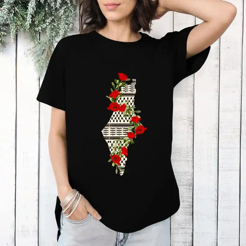 Palestine T-shirt with flower and map print, cotton t-shirts