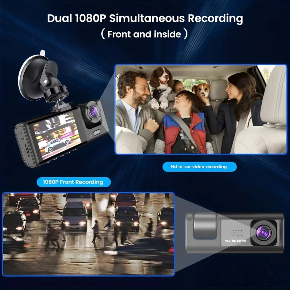 Dash Cam with IR Night Vision Loop Recording and 2" IPS Screen, 1080P, 3 Cameras, DVR Recorder, Video Recorder, Vehicle DVR