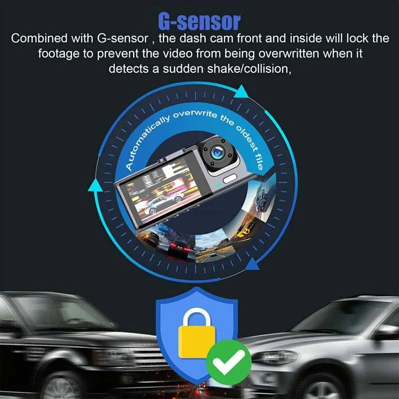 Dash Cam with IR Night Vision Loop Recording and 2" IPS Screen, 1080P, 3 Cameras, DVR Recorder, Video Recorder, Vehicle DVR