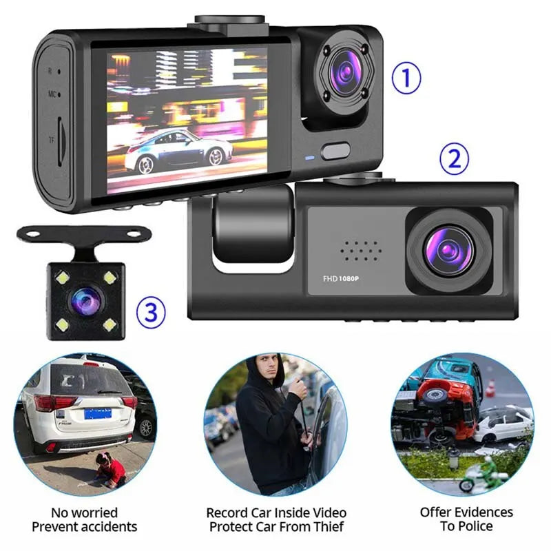 Dash Cam with IR Night Vision Loop Recording and 2" IPS Screen, 1080P, 3 Cameras, DVR Recorder, Video Recorder, Vehicle DVR