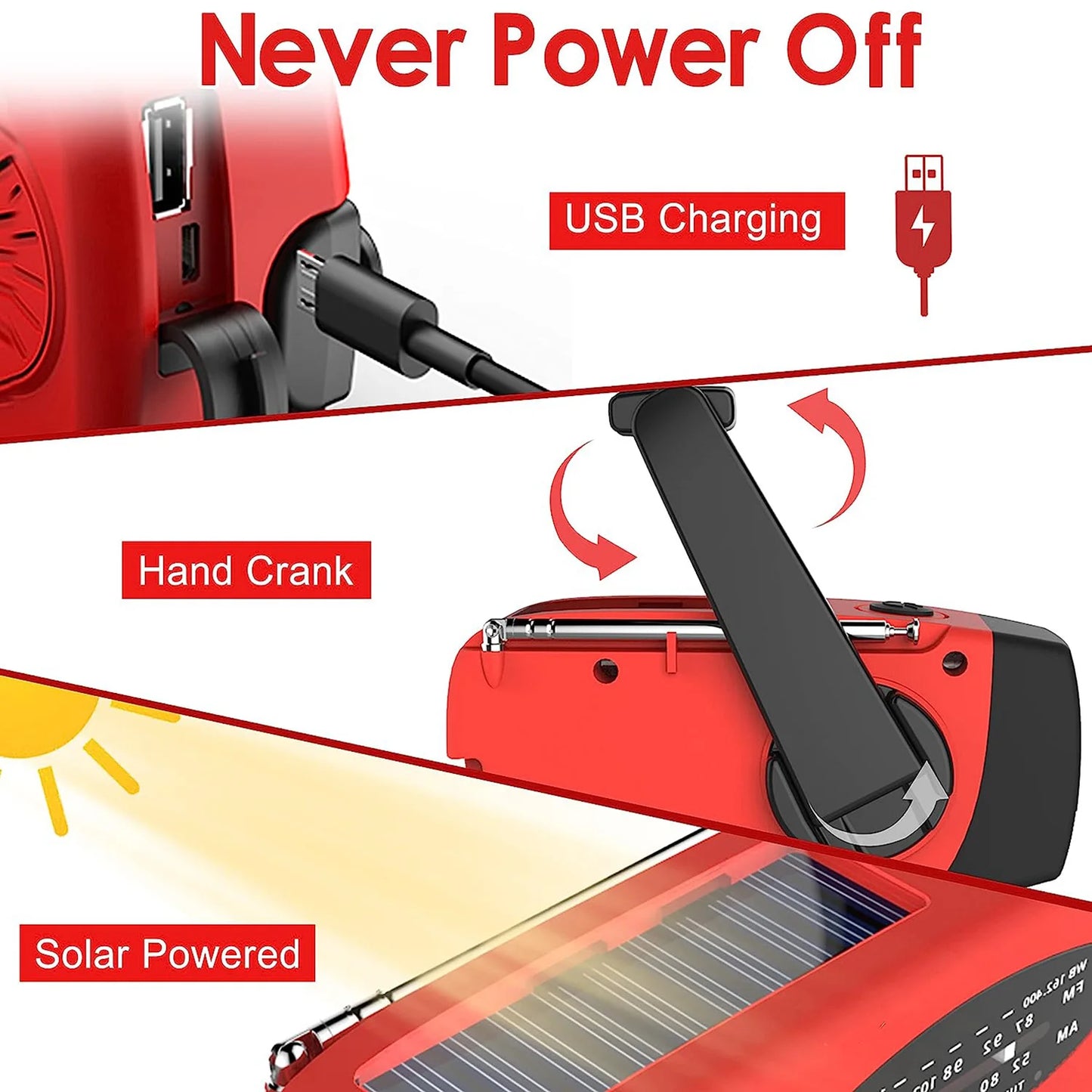 Solar-Handkurbel-Campingleuchte mit AM/FM-Radio, 2000 mAh, USB-Aufladung, multifunktionale Hand-Dynamo-LED-Taschenlampe