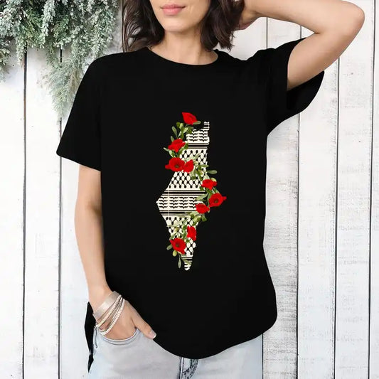 Palestine T-shirt with flower and map print, cotton t-shirts