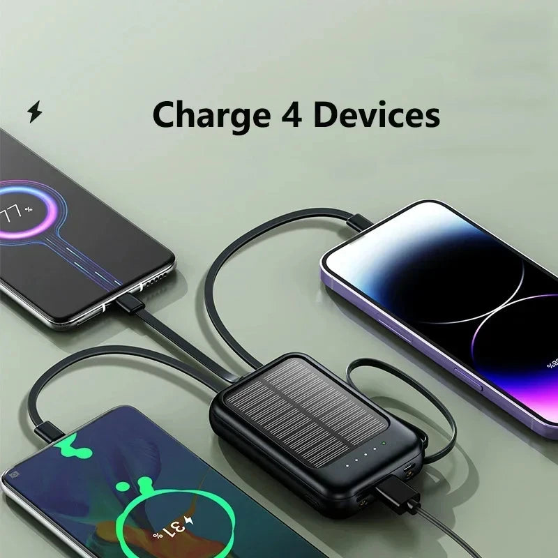 50000mah Solar Power Bank Built Cables Solar Charger 2 Usb Ports External Charger Powerbank With Led Light