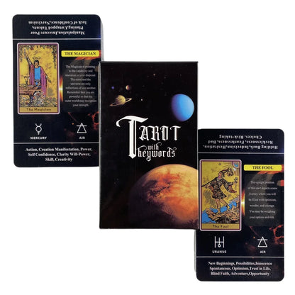 Tarotkarten mit Schlüsselwörtern für Anfänger und zum Verstehen ihrer Bedeutungen. Ein 78 Deck Oracle English Divination Edition Borad