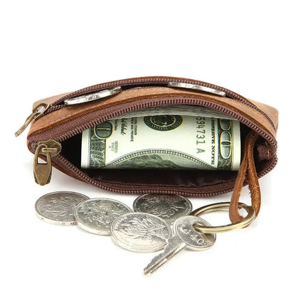 Vintage Crazy Horse Leather Men's Coin Purse Genuine Leather Zipper Coin Wallet Retro Key Holder Small Money Bag