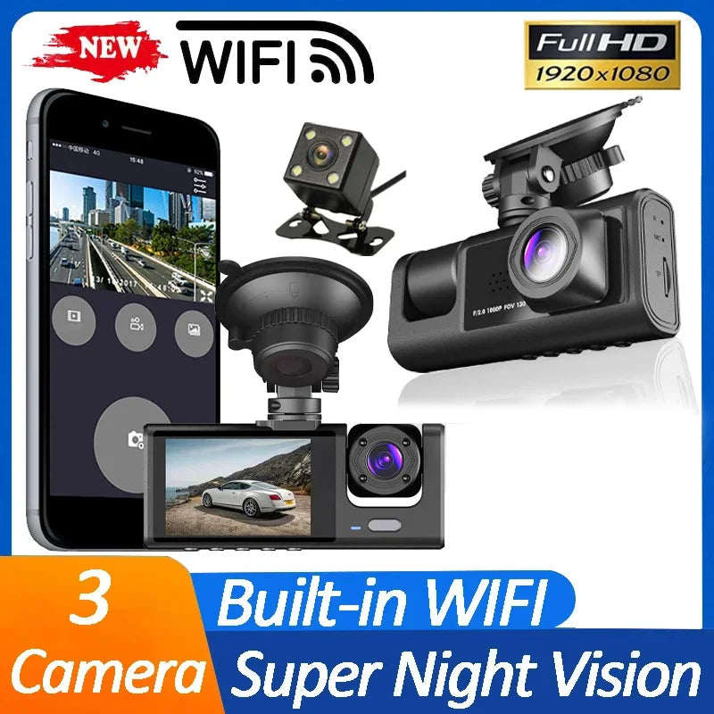 Cámara de salpicadero DVR para coche, videocámara de 3 vías con wifi, 3 CANALES, HD 1080P, 3 lentes, interior del vehículo